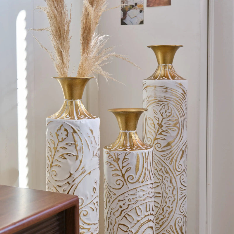 Floor Metal Vases Decorated Metal Vases (Set of 3) Gorgeous Home Decoration Large Glazed Metal Vases - White / Gold by HouseOfZazla