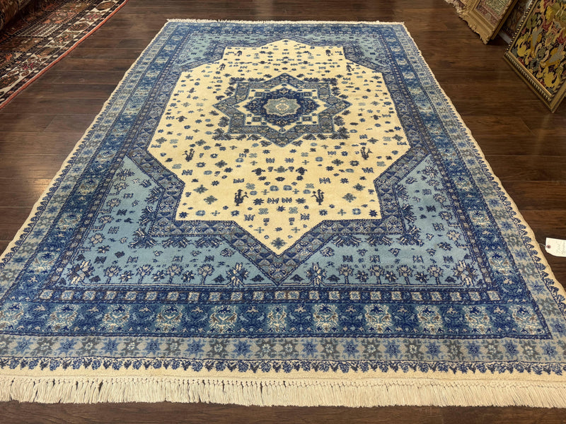 Moroccan Rug 7x10, Geometric Medallion, Blue and Ivory by Jewel Rugs