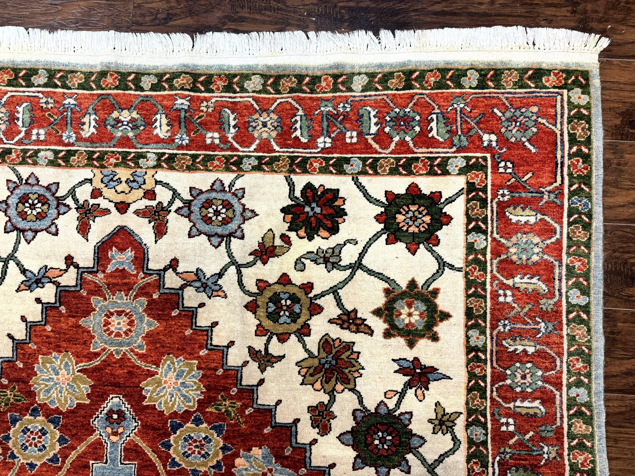 Indo Persian Heriz Rug 7x9, Geometric Pattern, Cream & Light Red, Handmade Vintage Wool Carpet by Jewel Rugs