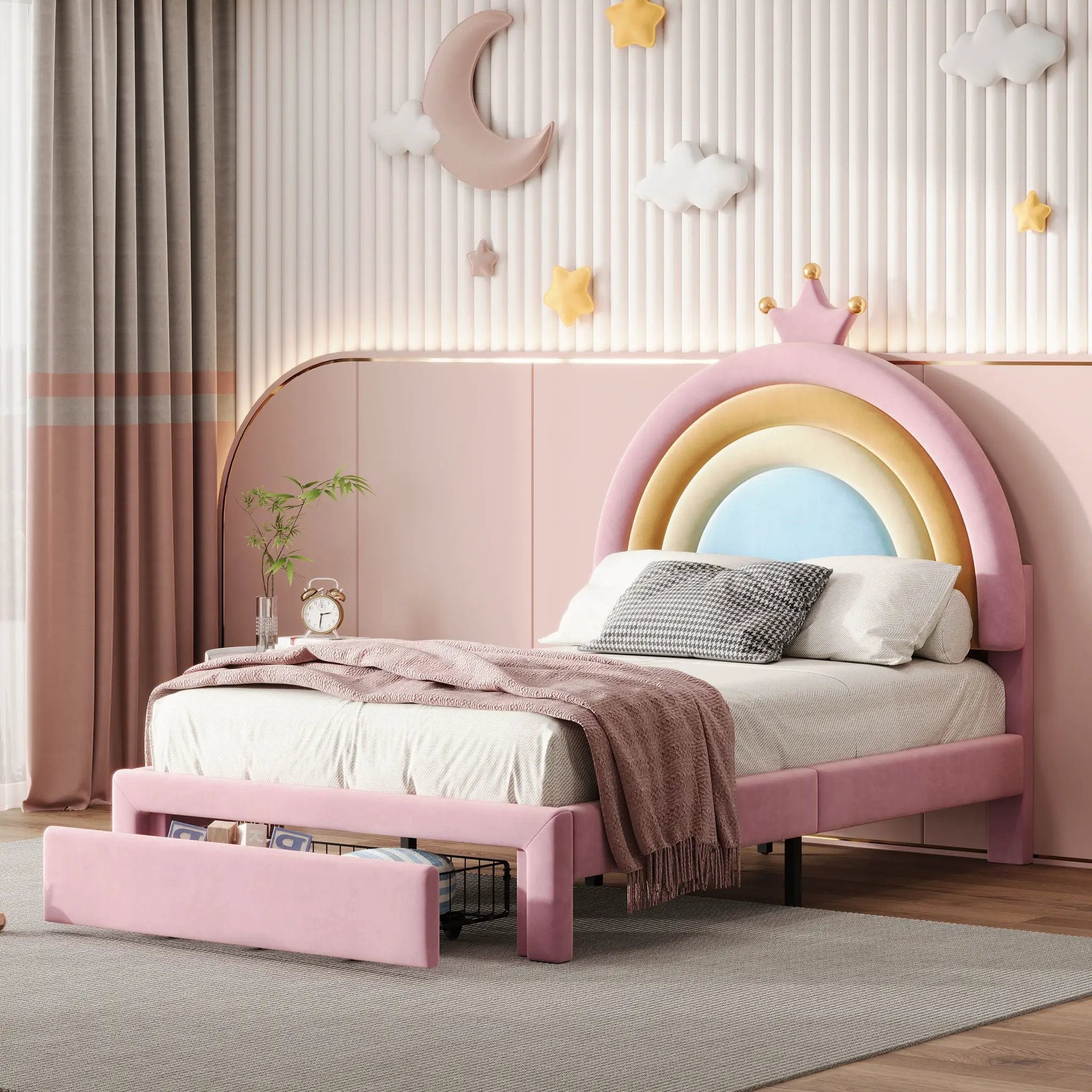Upholstered Rainbow Design Bed, Princess Platform Bed With Storage Drawer