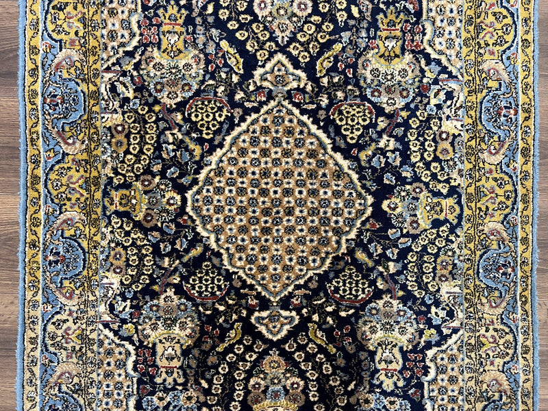 Fine Persian Qum Rug 3x5, Semi Antique Vintage Oriental Ghom Carpet, Floral Medallion, Highly Detailed, Hand Knotted, Navy Blue, Wool Area Rug, Birds by Jewel Rugs