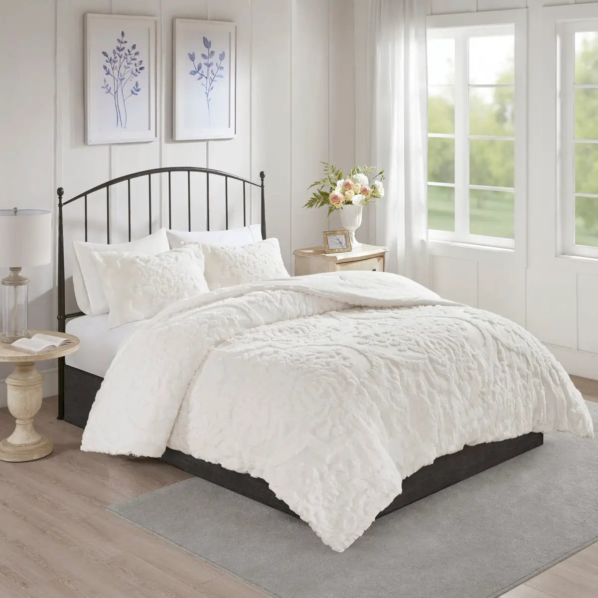 3 Piece Tufted Cotton Chenille Damask Comforter Set Off-White King/Cal King by HouseOfZazla