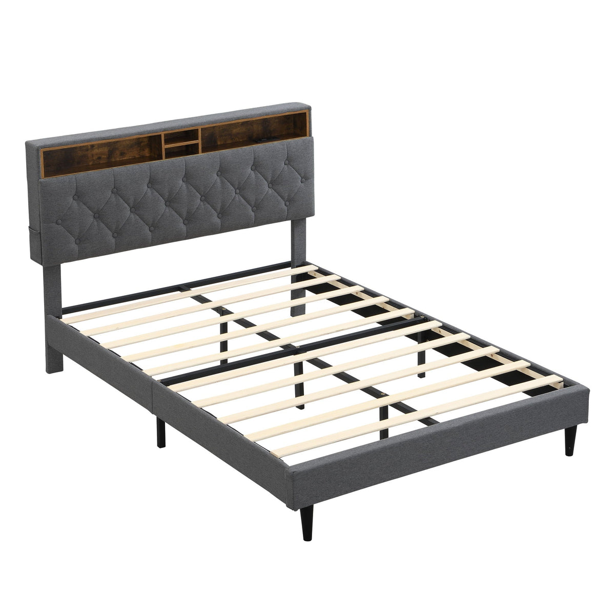 Modern Upholstered Platform Bed Frame with USB Ports - Gray or Dark Gray, photo 3 of 10
