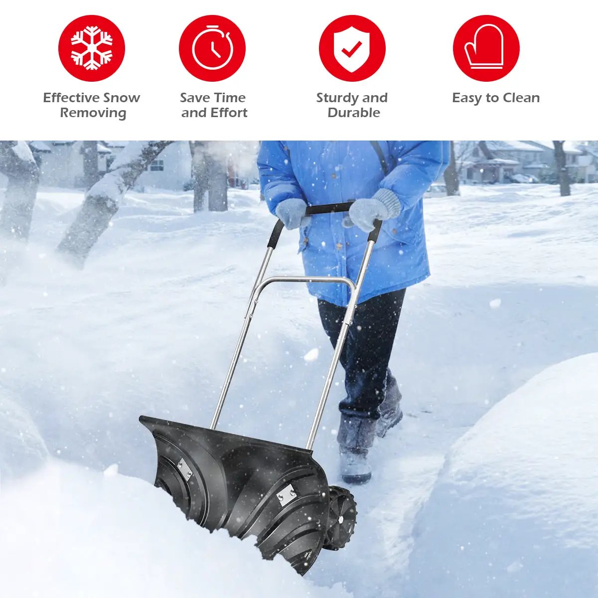 Rolling Snow Pusher Shovel with Adjustable Handle by DirectDeals