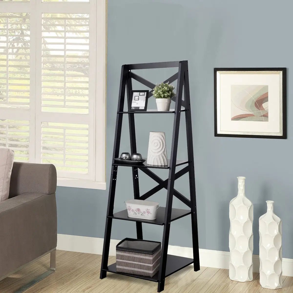 4-tier Leaning Free Standing Ladder Shelf Bookcase-White by DirectDeals