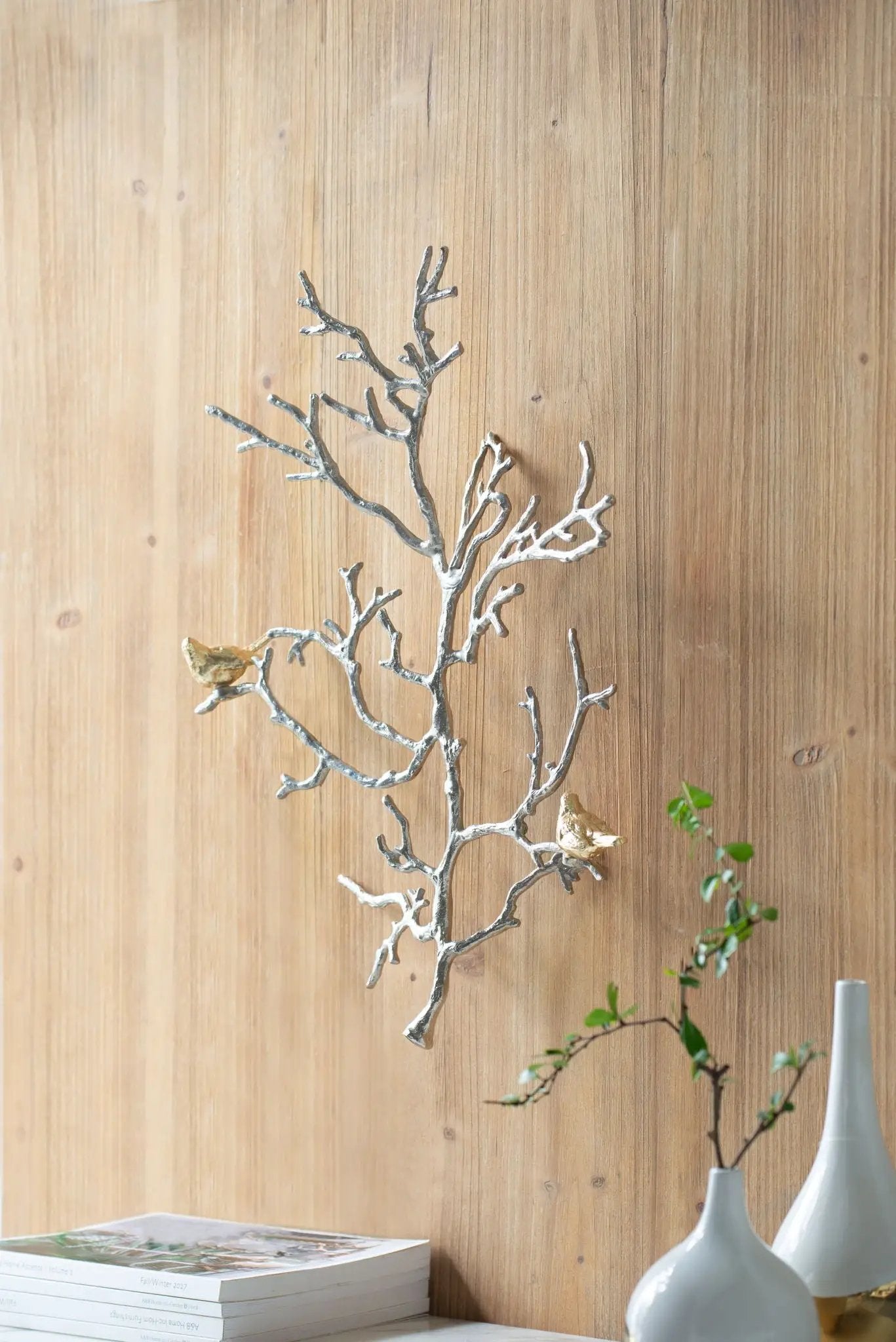 Metal Branch Wall Sculptures With Bird Accents (Set of 2) - Silver Multi by HouseOfZazla