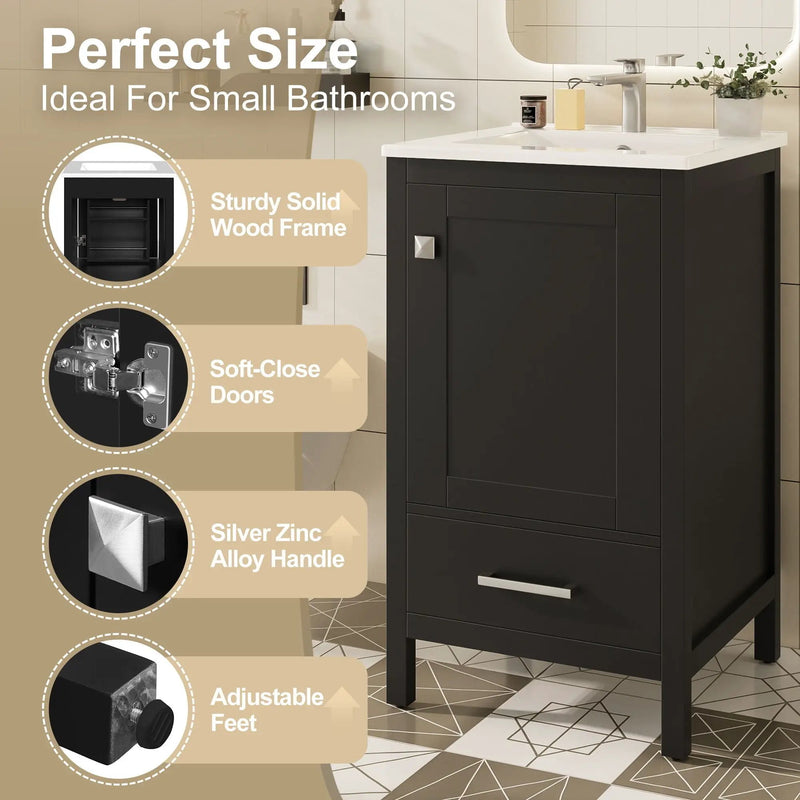 Bathroom Vanity With Ceramic Sink, Soft Close Drawers, Door Organizer, Divider Drawer, Adjustable Foot Pads by HouseOfZazla