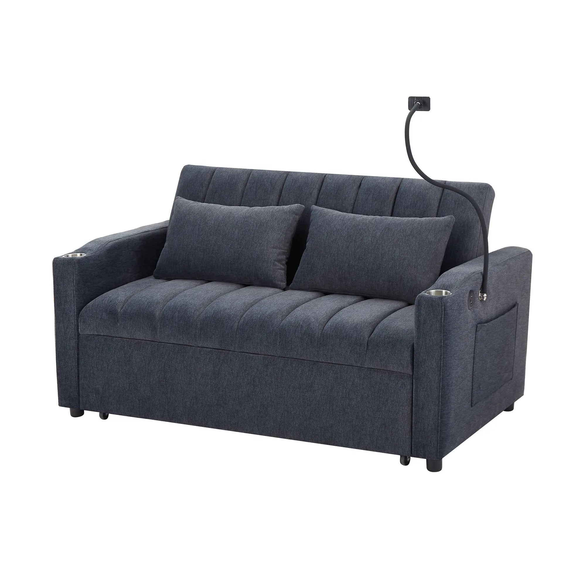Convertible Sofa Bed Loveseat Sofa With Three USB Ports, Two Side Pockets, Two Cup Holders And 360° swivel Phone Holder For Living Room by Unique Piece Furniture