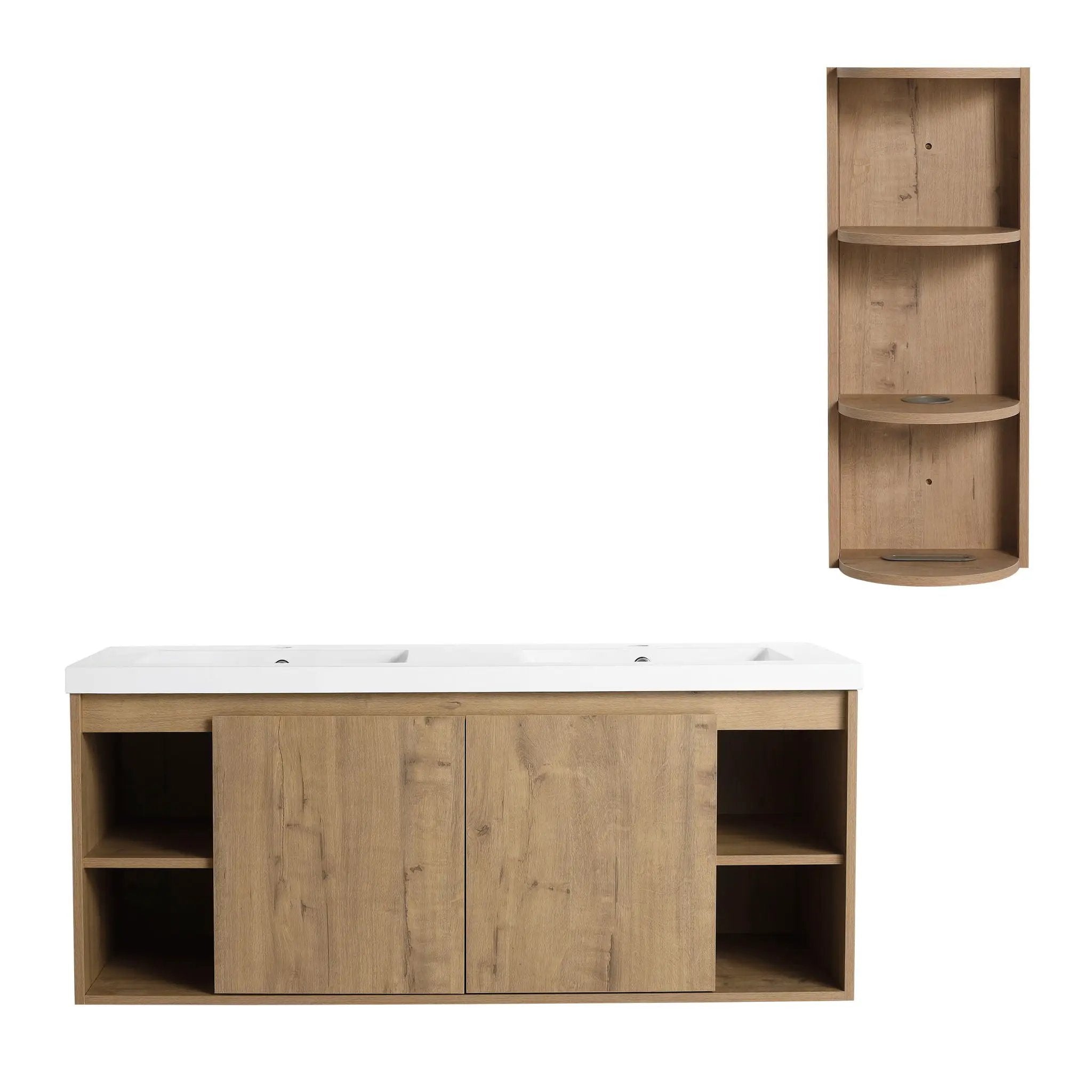 Modern 48" Wall Mounted Bathroom Vanity With Double Resin Sink And Storage Rack Soft Close Doors - Imitative Oak by HouseOfZazla