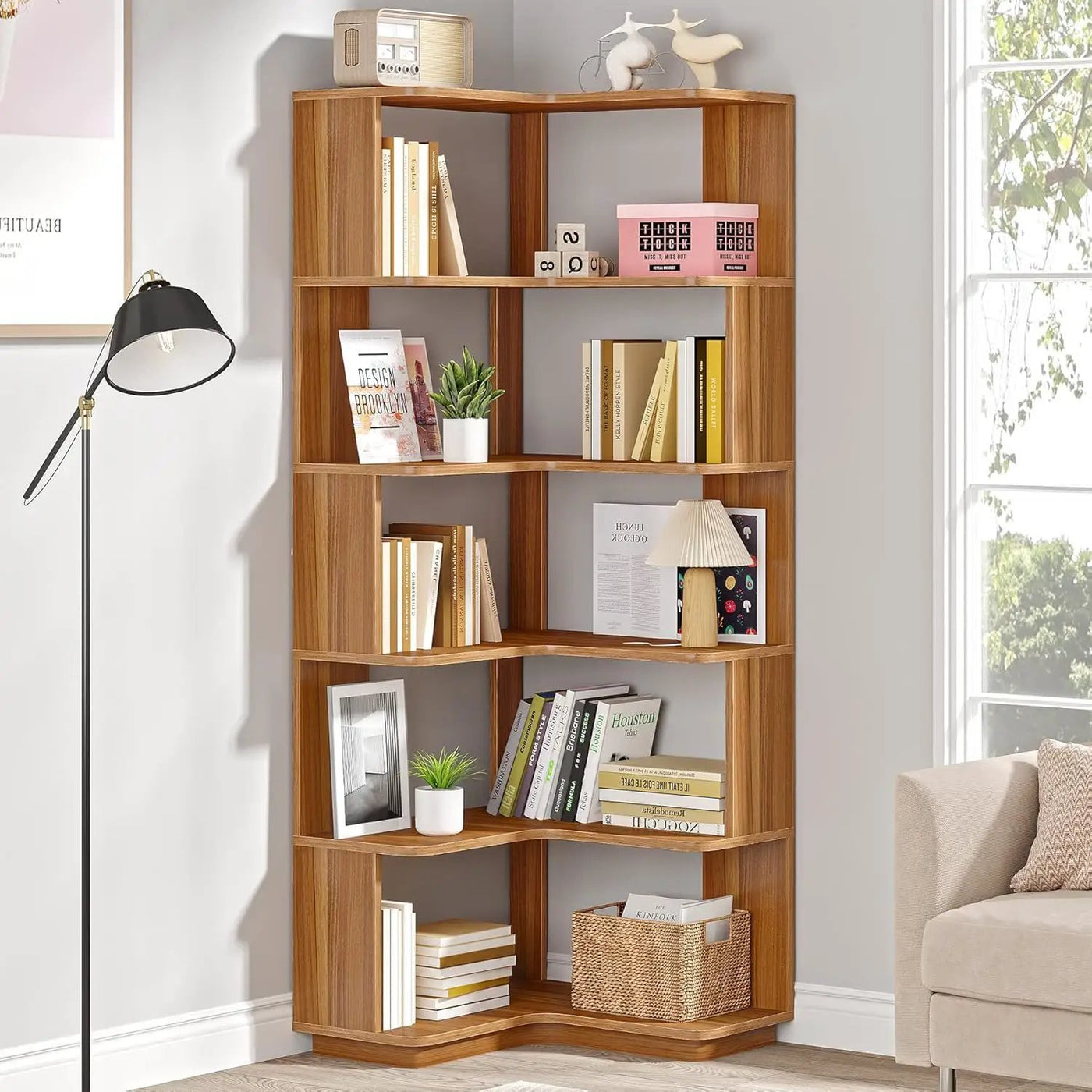 6 Tier Corner Bookshelf, L-Shaped Freestanding Shelf With Anti Drop Panels by HouseOfZazla
