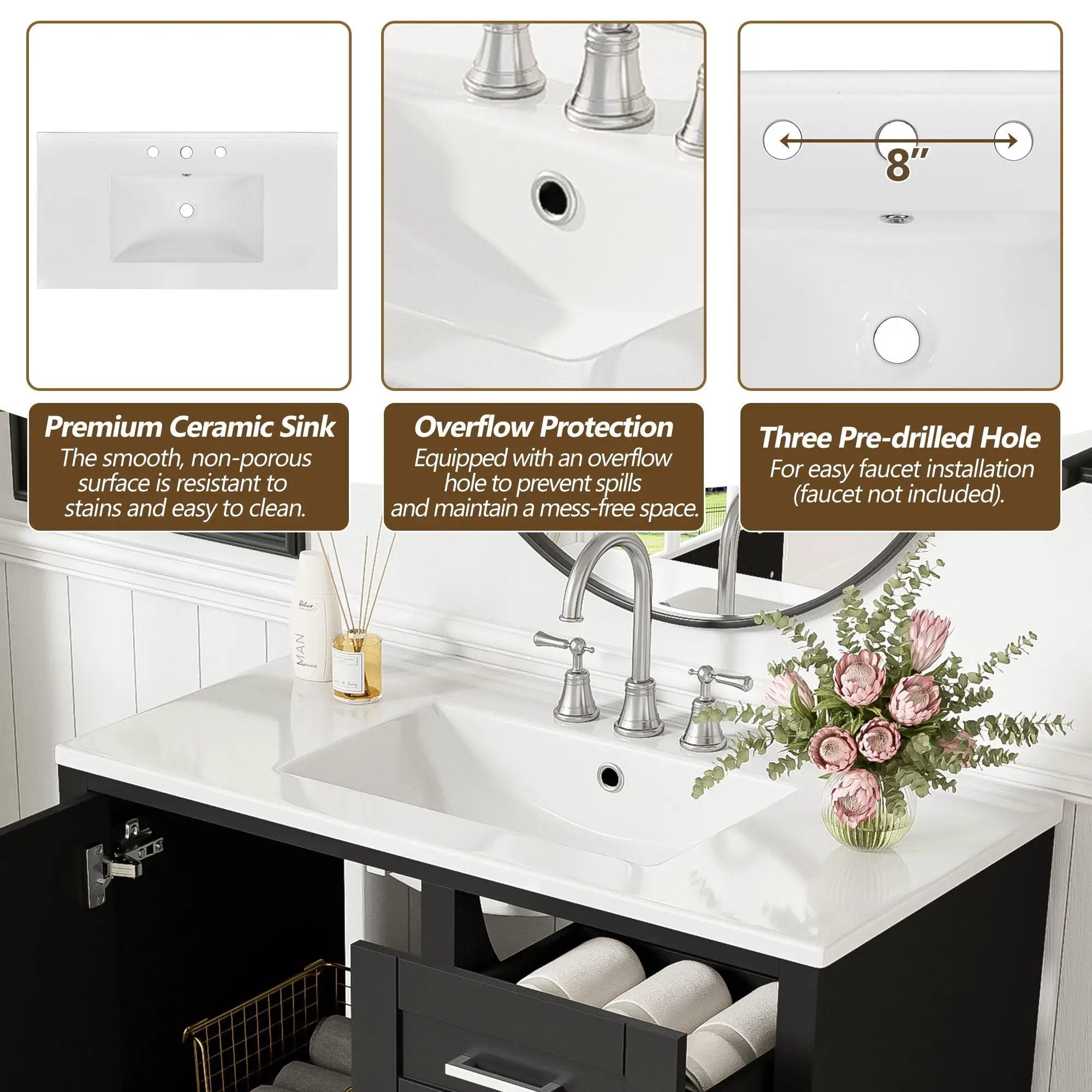Bathroom Vanity, Modern Bathroom Cabinet With Sink Combo Set, Bathroom Storage Cabinet With A Soft Closing Door And 3 Drawers, Solid Wood Frame by HouseOfZazla
