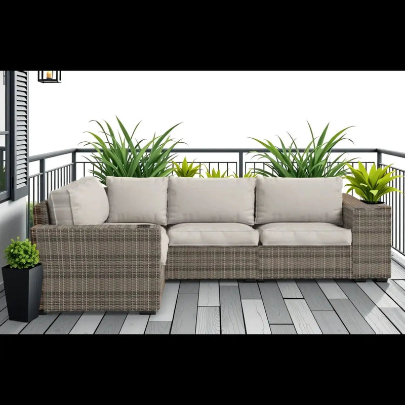 Wide Outdoor Wicker Patio Sectional With Cushions & Reversible Design - Gray by HouseOfZazla