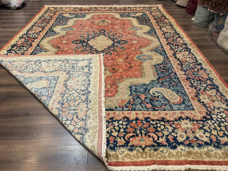Antique Persian Sarouk Rug 9x12, Boteh Paisleys, Light Red Navy Blue by Jewel Rugs