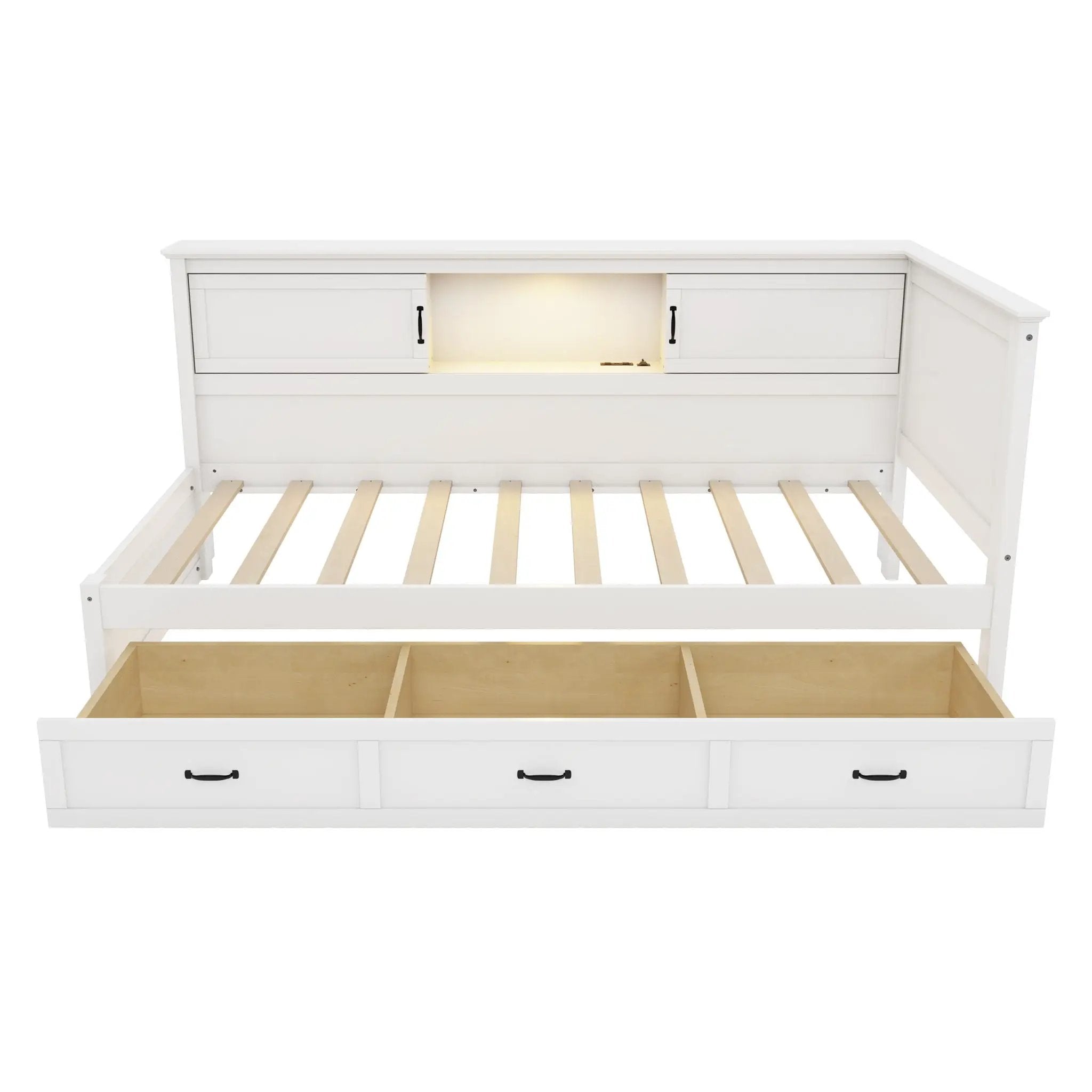 Twin Size L - Shaped Captain Bed With Drawer And Bookcase, LED Downlight And USB Charging Station - White by HouseOfZazla