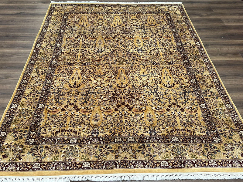 Pretty Indo Persian Rug 6x9, Allover Floral Motif with Birds, Tan/Cream, Very Fine Oriental Carpet, Hand Knotted Vintage Indian Wool Rug by Jewel Rugs