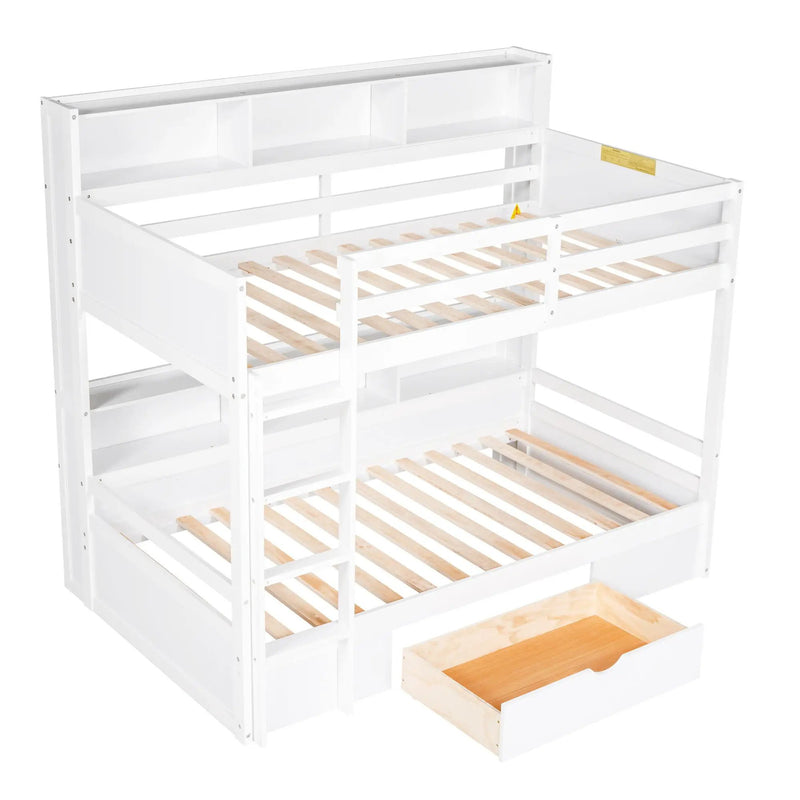 Twin Size Bunk Bed With Built-In Shelves Beside Both Upper And Down Bed And Storage Drawer by Unique Piece Furniture