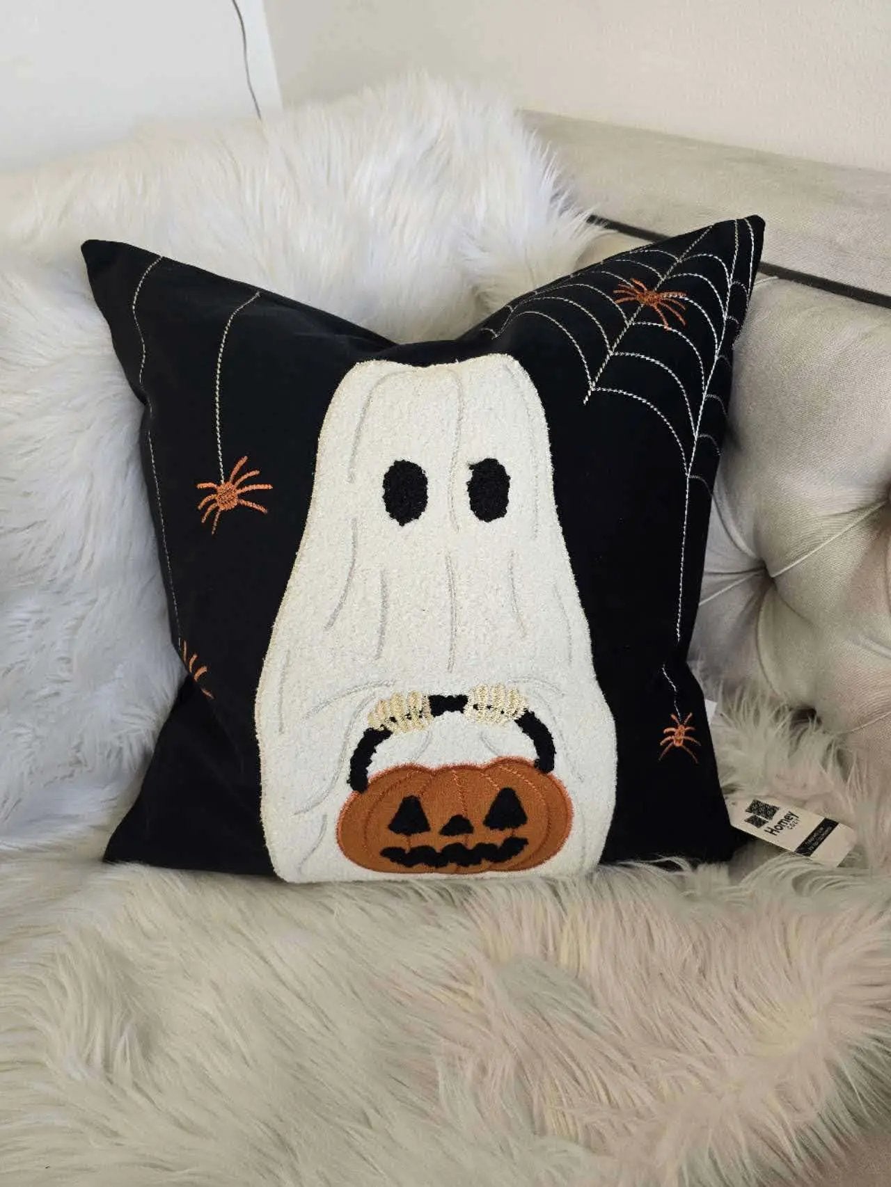 Halloween Ghost With Pumpkin Bucket Throw Pillow by HouseOfZazla