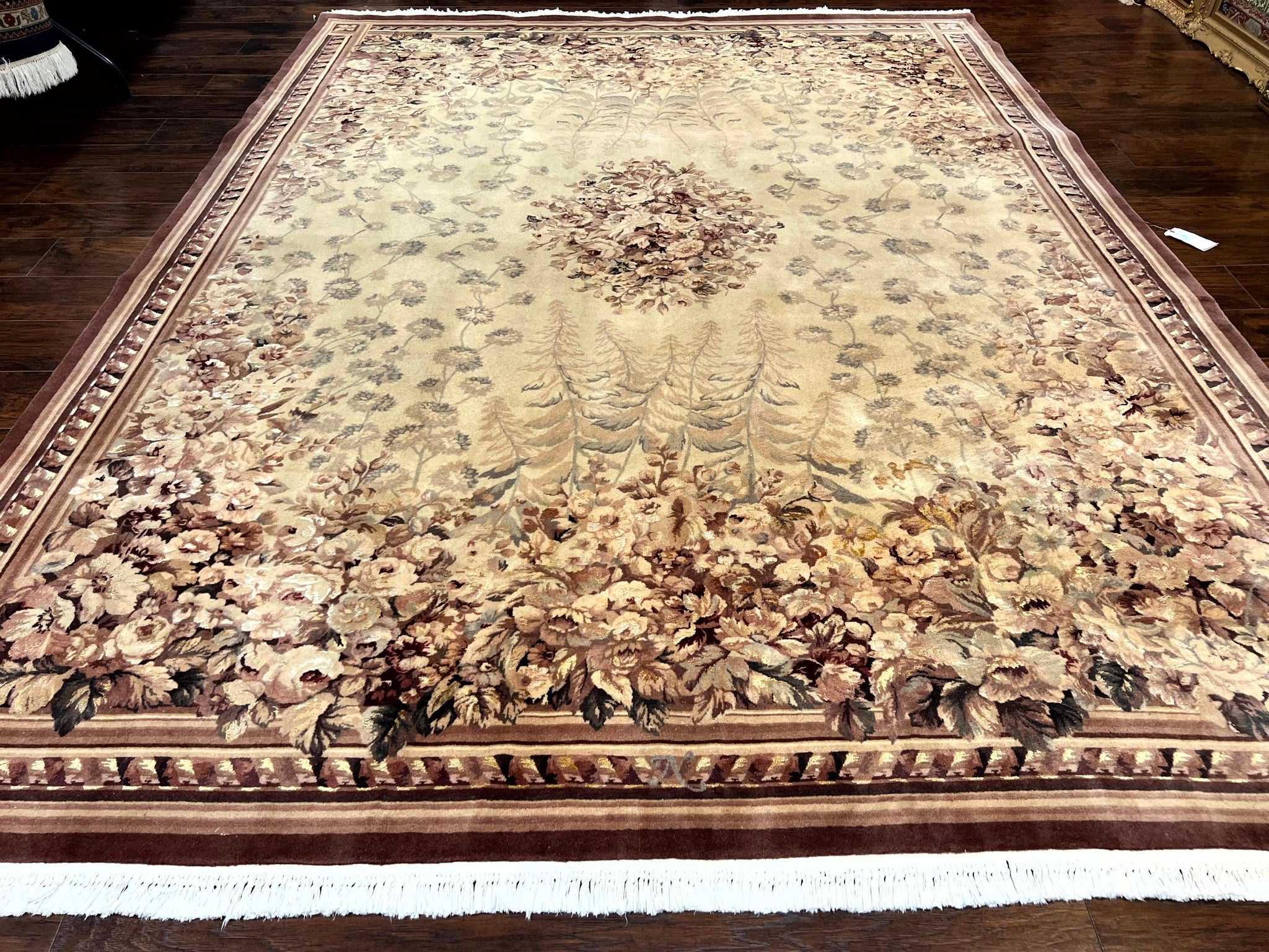 Aubusson Wool Rug 9x11, Wool with Silk Highlights, European Design, Vintage, Handmade, Floral, Fine 210 KPSI by Jewel Rugs