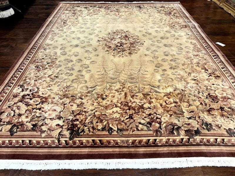 Aubusson Wool Rug 9x11, Wool with Silk Highlights, European Design, Vintage, Handmade, Floral, Fine 210 KPSI by Jewel Rugs