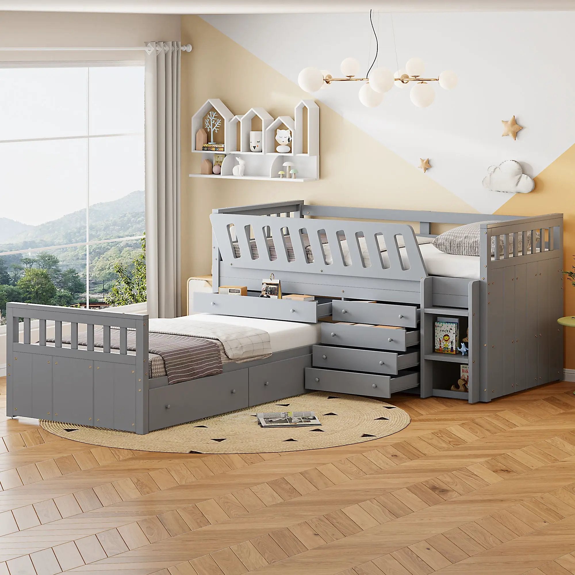 Loft Platform Bed With 7 Drawers And Full Guardrails, Modern L Shaped Space Savin by HouseOfZazla