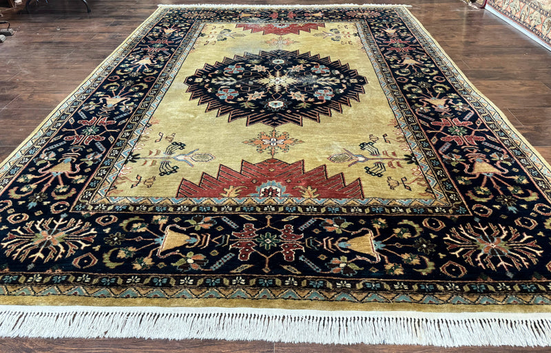 Indo Persian Heriz Rug 8x12, Camel Hair Tan and Navy Blue, Decorative by Jewel Rugs