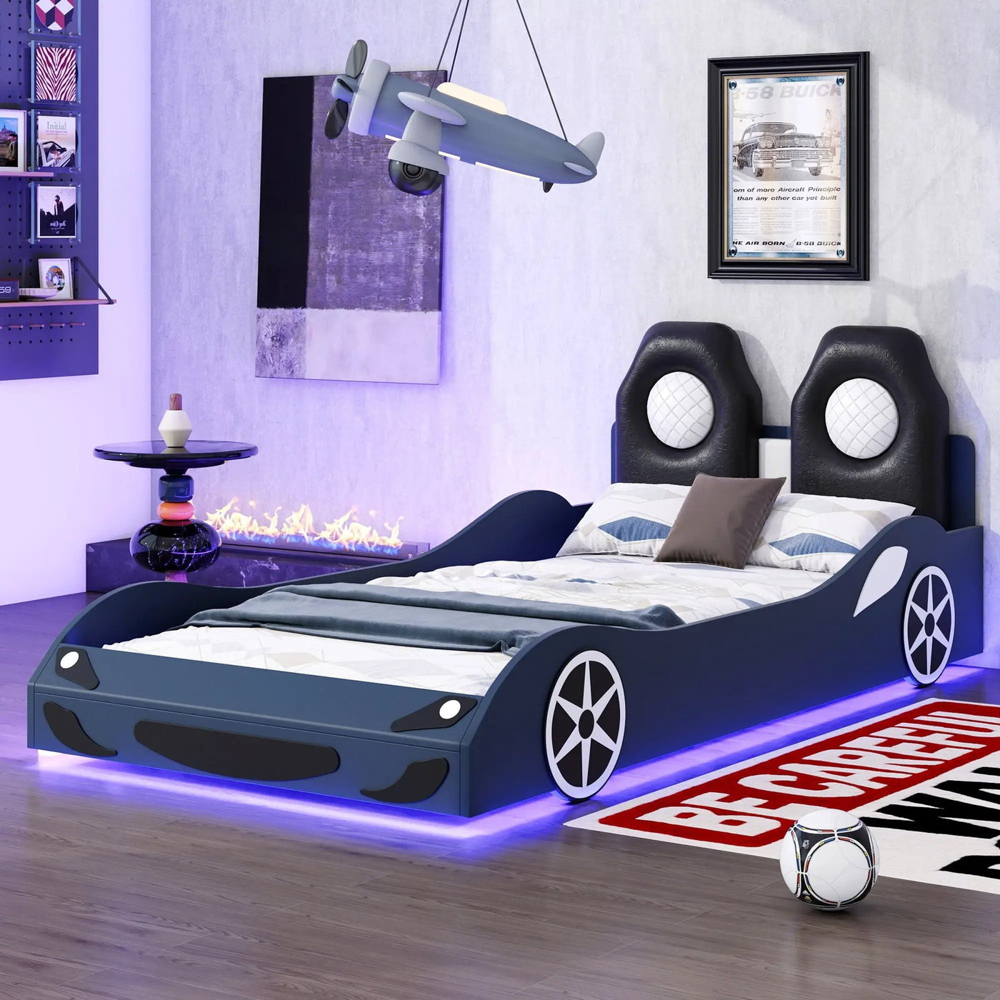 Race Car Shaped Platform Bed With LED And Upholstered Backrest In by HouseOfZazla
