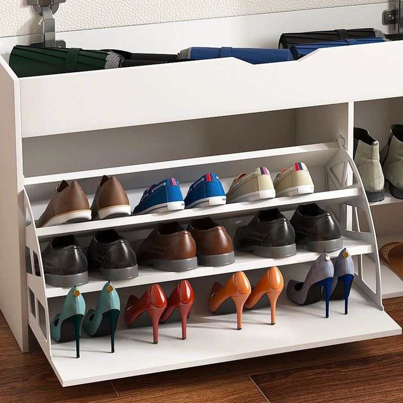 Modern Design Entryway Bench With Adjustable 3 Tier Flip-Up Drawers And Hidden Cabinet - White by HouseOfZazla