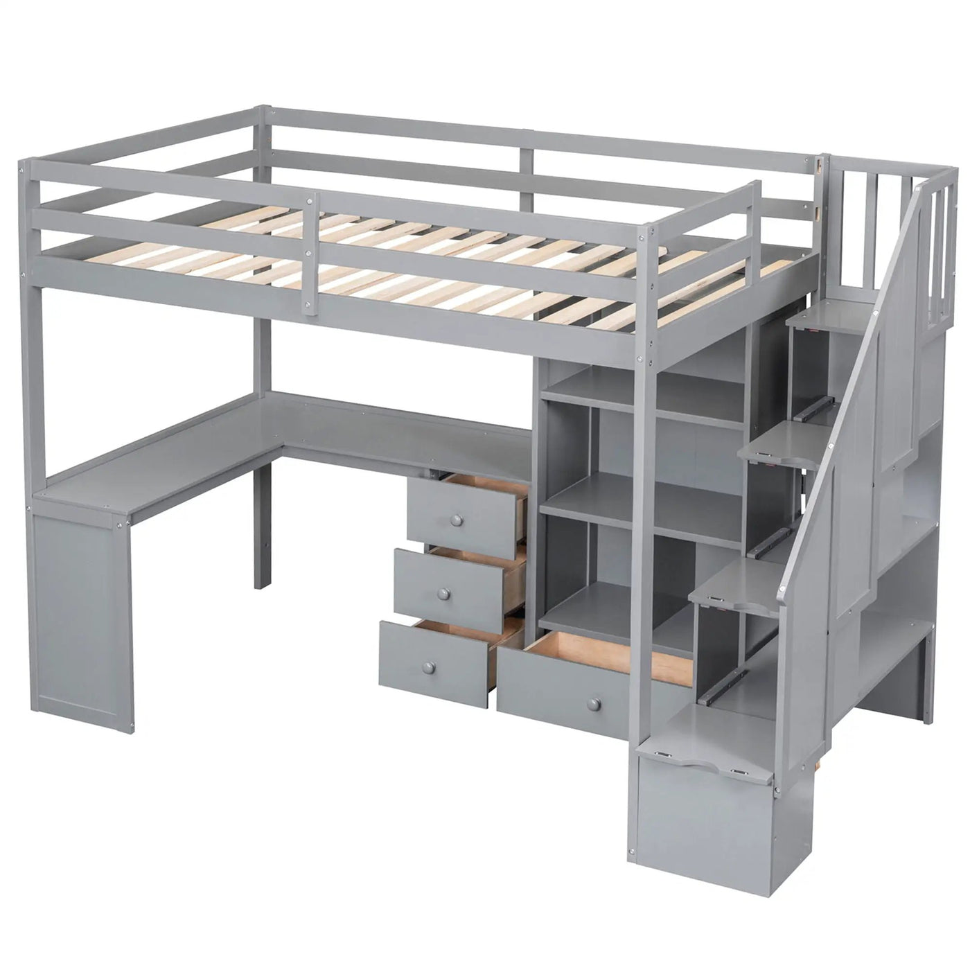Loft Bed With L Shaped Desk, Drawers, Cabinet, And Storage Staircase by HouseOfZazla