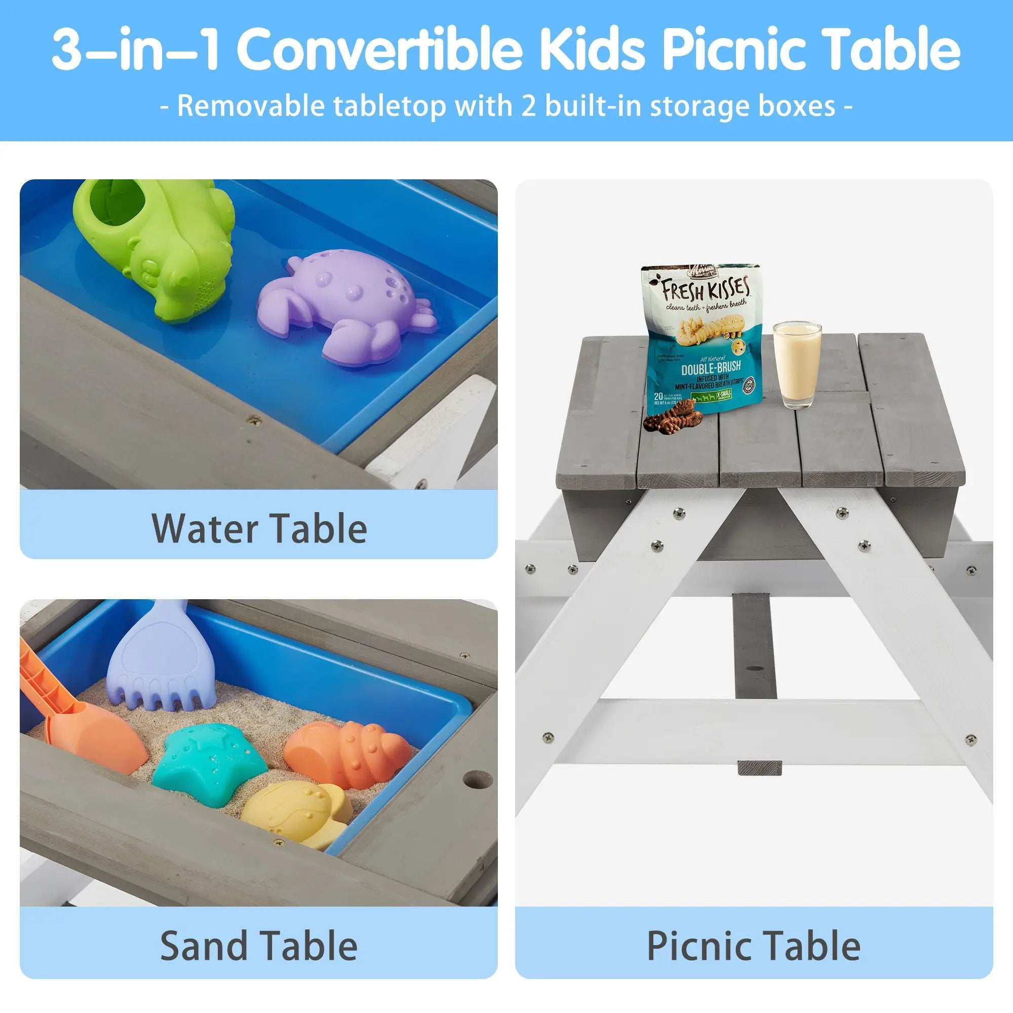 3-In-1 Kids Outdoor Wooden Picnic Table With Umbrella, Convertible Sand & Water, ASTM & CPSIA Certification by Unique Piece Furniture