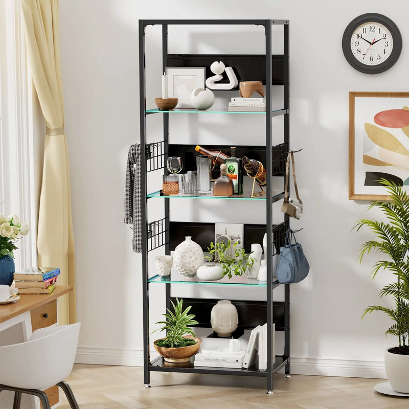 4 Tier Display Shelf With RGB Lights, LED Lighted Curio Cabinet With Adjustable Storage Box & Hooks - Black by HouseOfZazla
