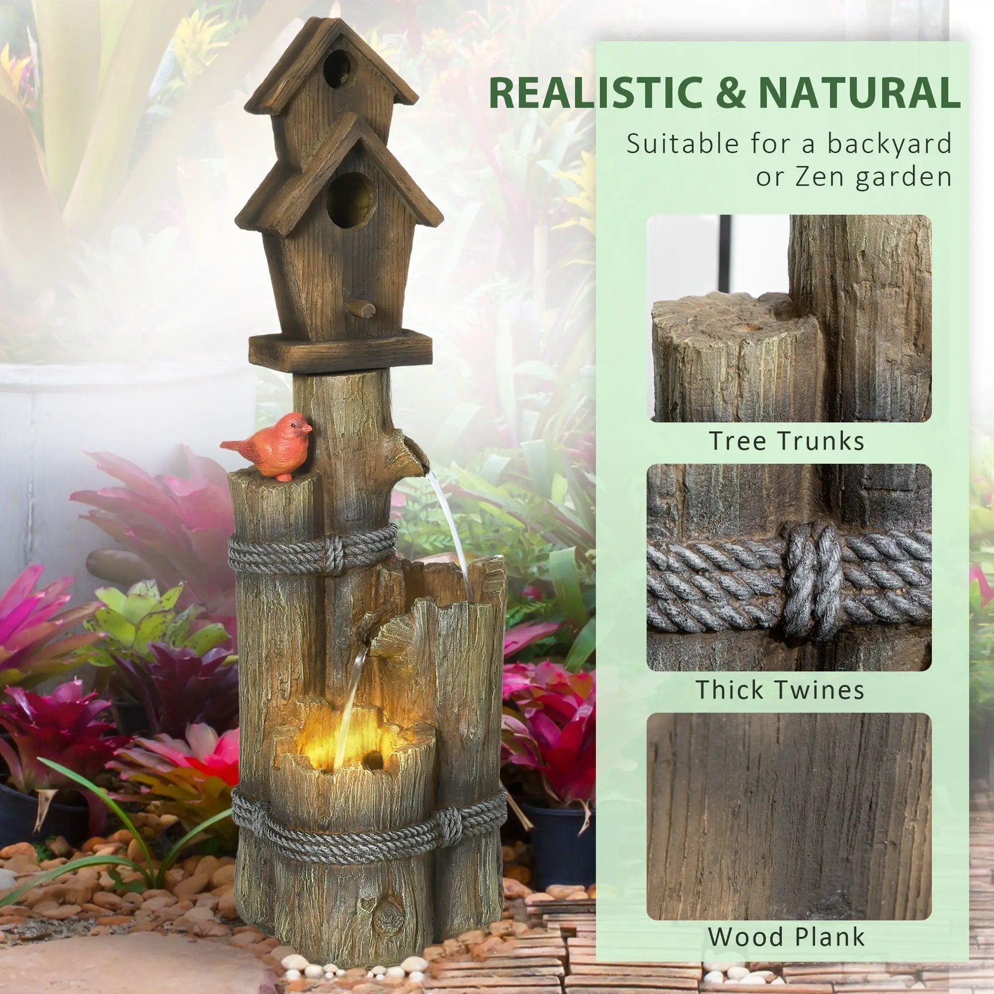 Outsunny - Outdoor Fountain With Birdhouse, Cascading Garden Waterfall Bird Bath With 3 Tier Rustic Tree Trunk / Log Design, LED Lights For Porch, Deck, Yard Decor - Brown by HouseOfZazla