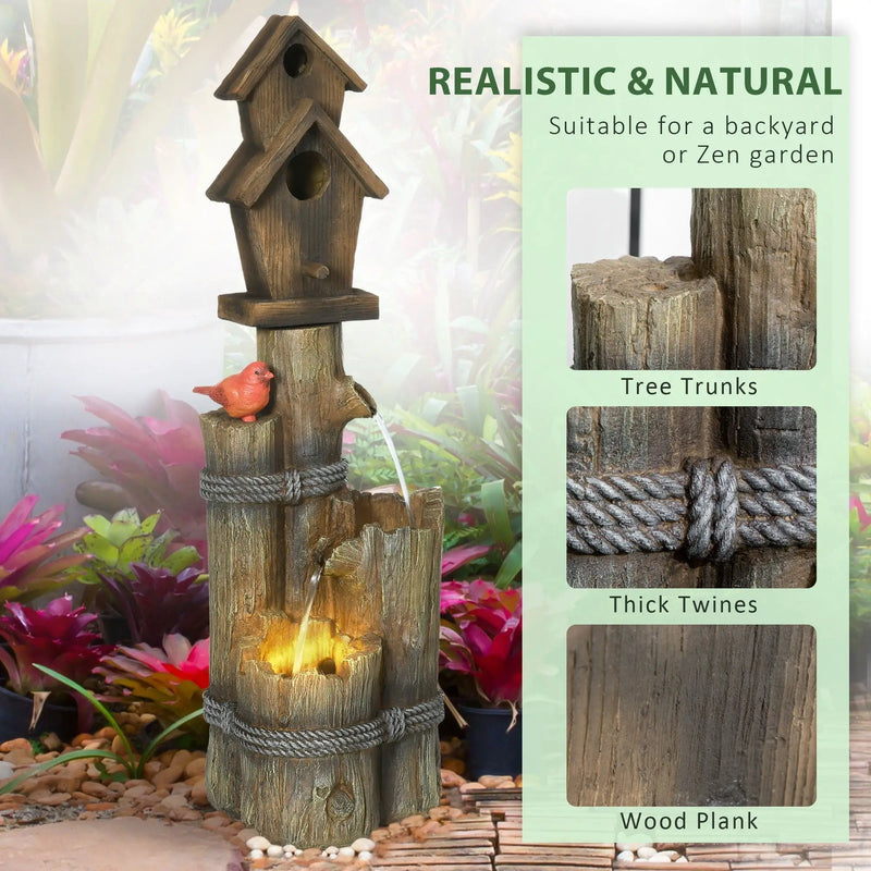 Outsunny - Outdoor Fountain With Birdhouse, Cascading Garden Waterfall Bird Bath With 3 Tier Rustic Tree Trunk / Log Design, LED Lights For Porch, Deck, Yard Decor - Brown by HouseOfZazla