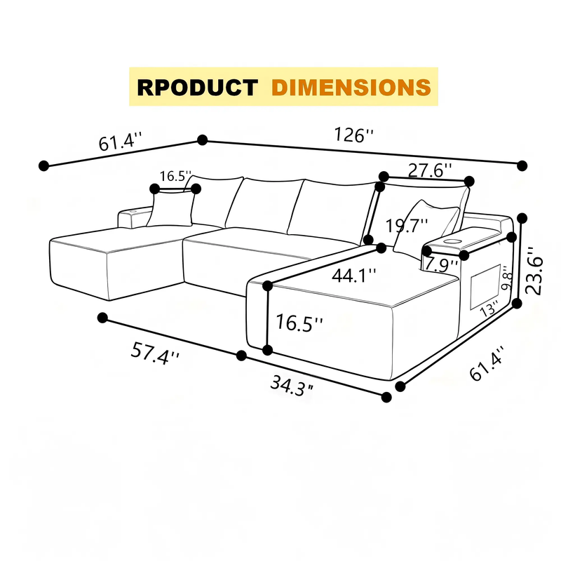 126" Cloud Sectional Sofa with U-Shape Chaise and Side Pockets and Cup Holder by HouseOfZazla