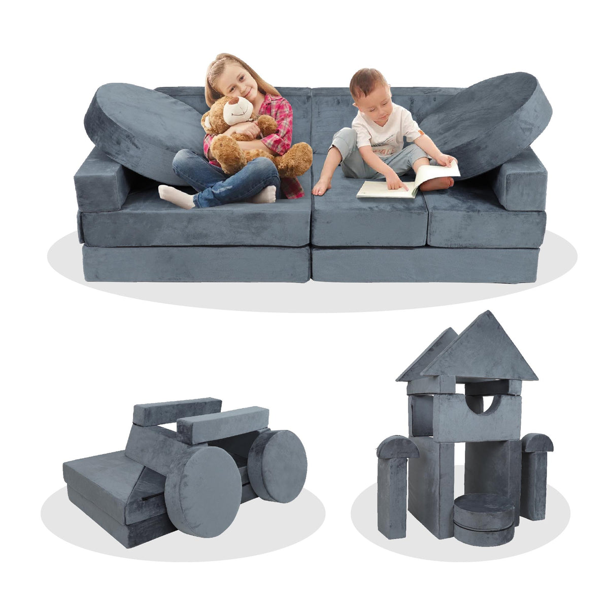 14pcs Kids Modular Play Couch with Soft Foam - Blue or Brown+Beige Gray,Grey, photo 2 of 10