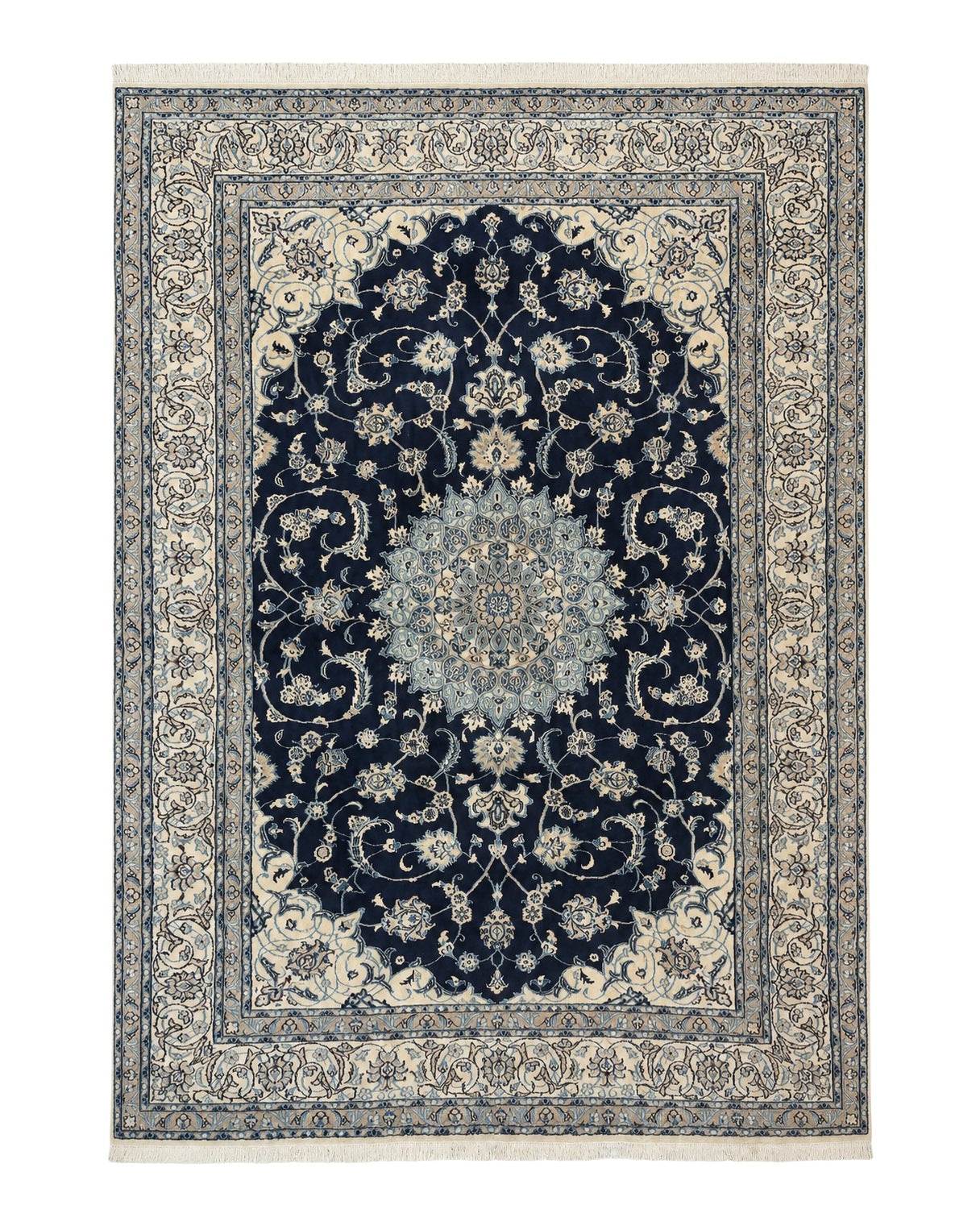 Persian Nain Rug 8x11, Navy Blue and Ivory, Handmade Wool Vintage Carpet, Floral Medallion by Jewel Rugs