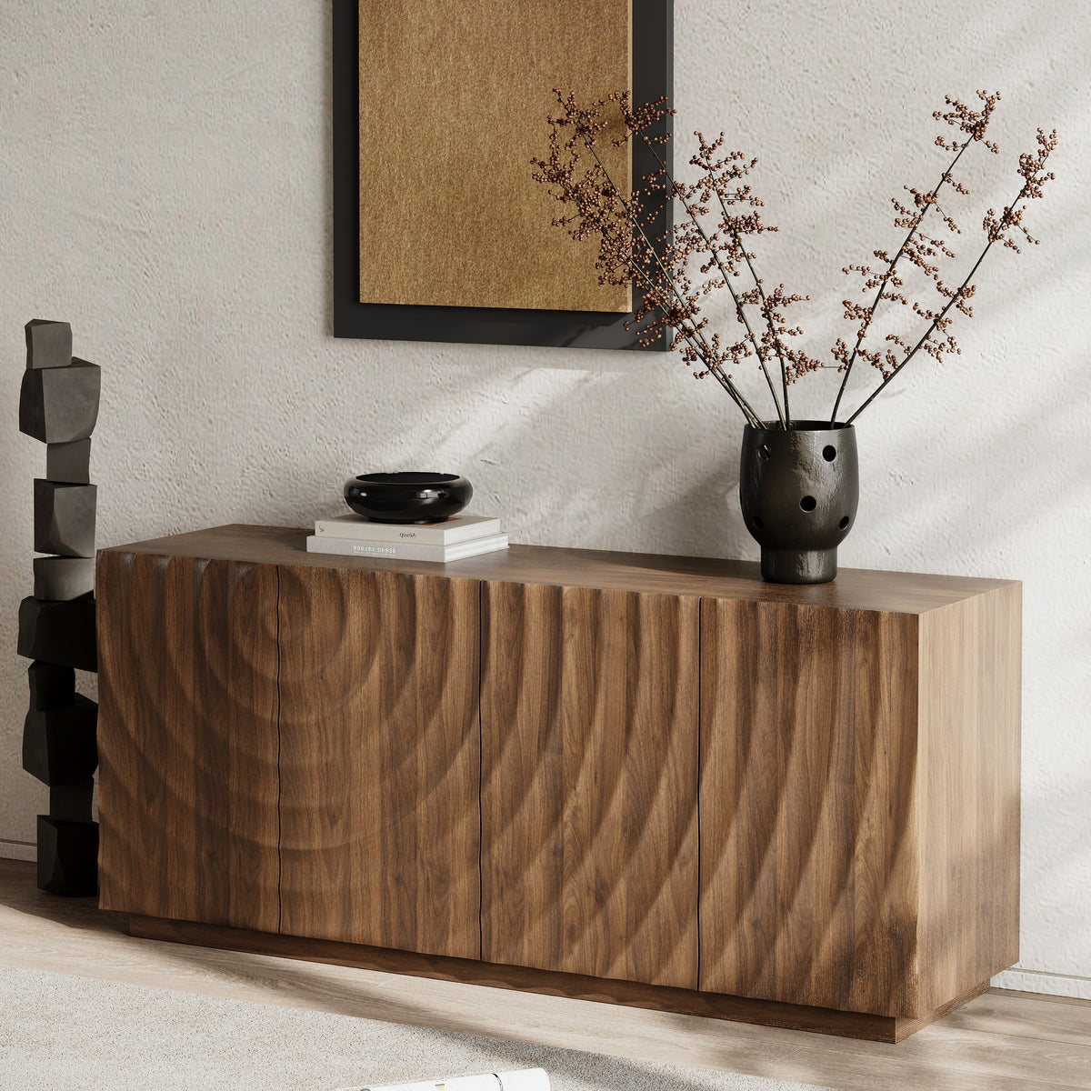 Walnut Buffet Cabinet with Storage - 4-Door Modern Sideboard, photo 2 of 10