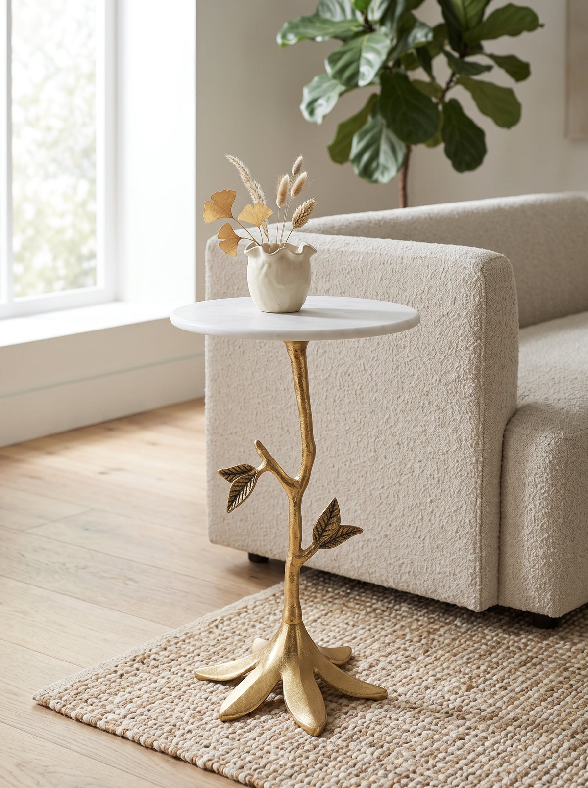 Leafy Branch Side Table with Marble Top - Gold Finish