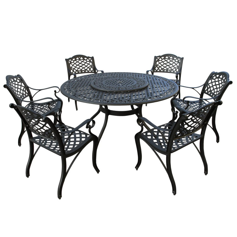 Aluminum 7pc Black Round Patio Dining Set, Lazy Susan, Six Chairs by Sharicks