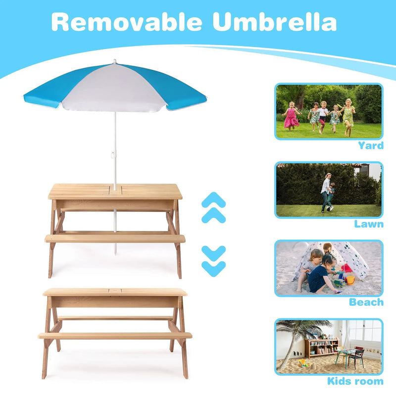3-In-1 Kids Outdoor Wooden Picnic Table With Umbrella, Convertible Sand & Water, ASTM & CPSIA Certification by Unique Piece Furniture