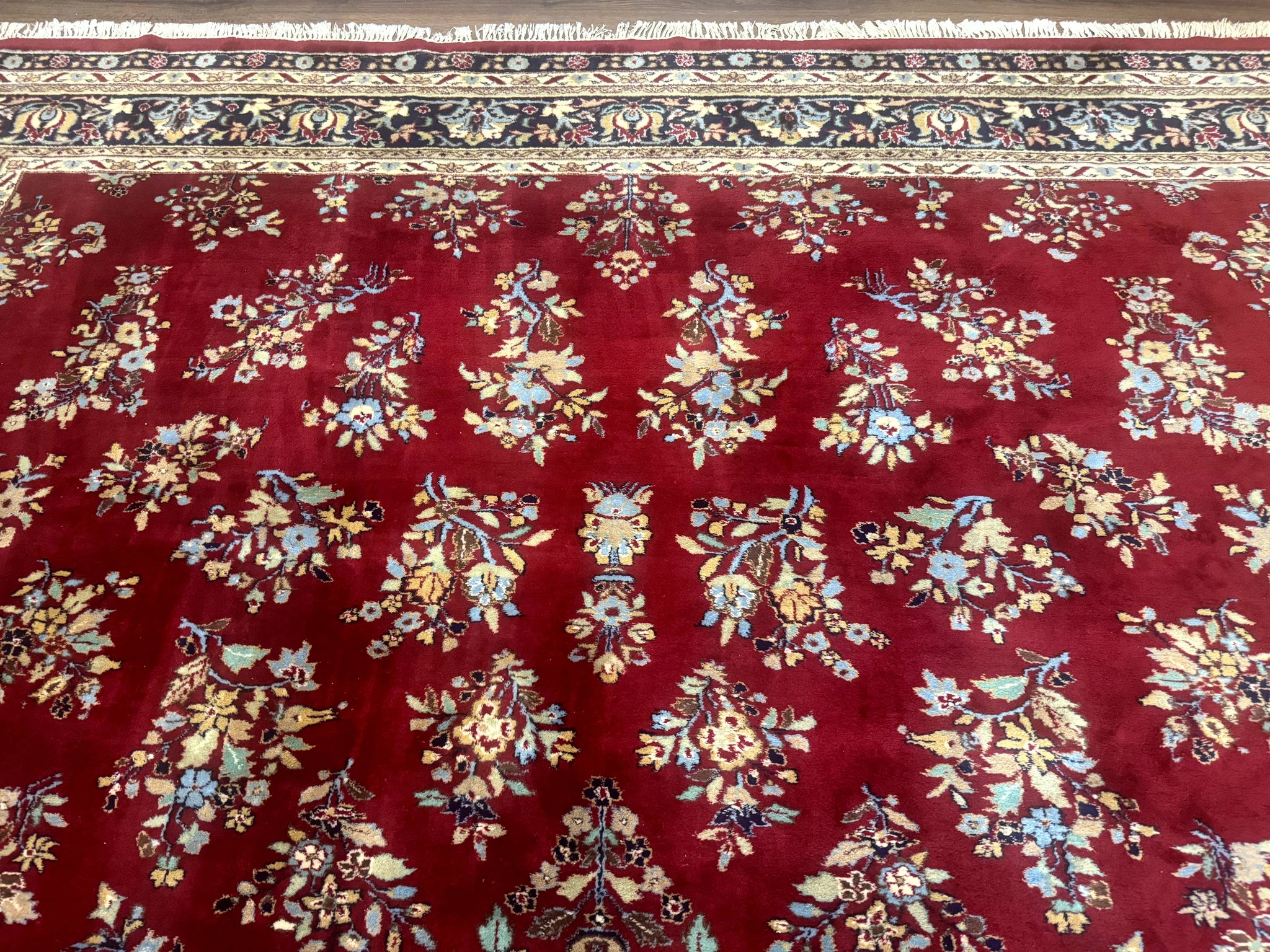 Indo Persian Sarouk Rug 10x14, Large Red and Navy Blue Carpet, Traditional Floral Wool Rug by Jewel Rugs