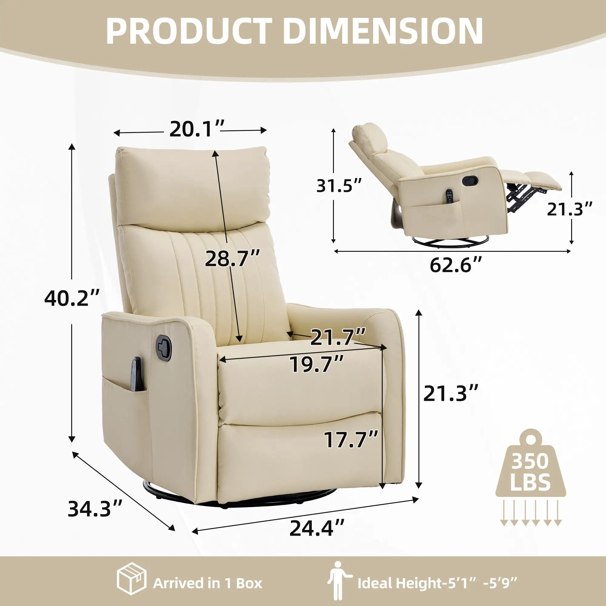 Beige Heat Massage Manual Recliner Chair with Rocker and Swivel by HouseOfZazla