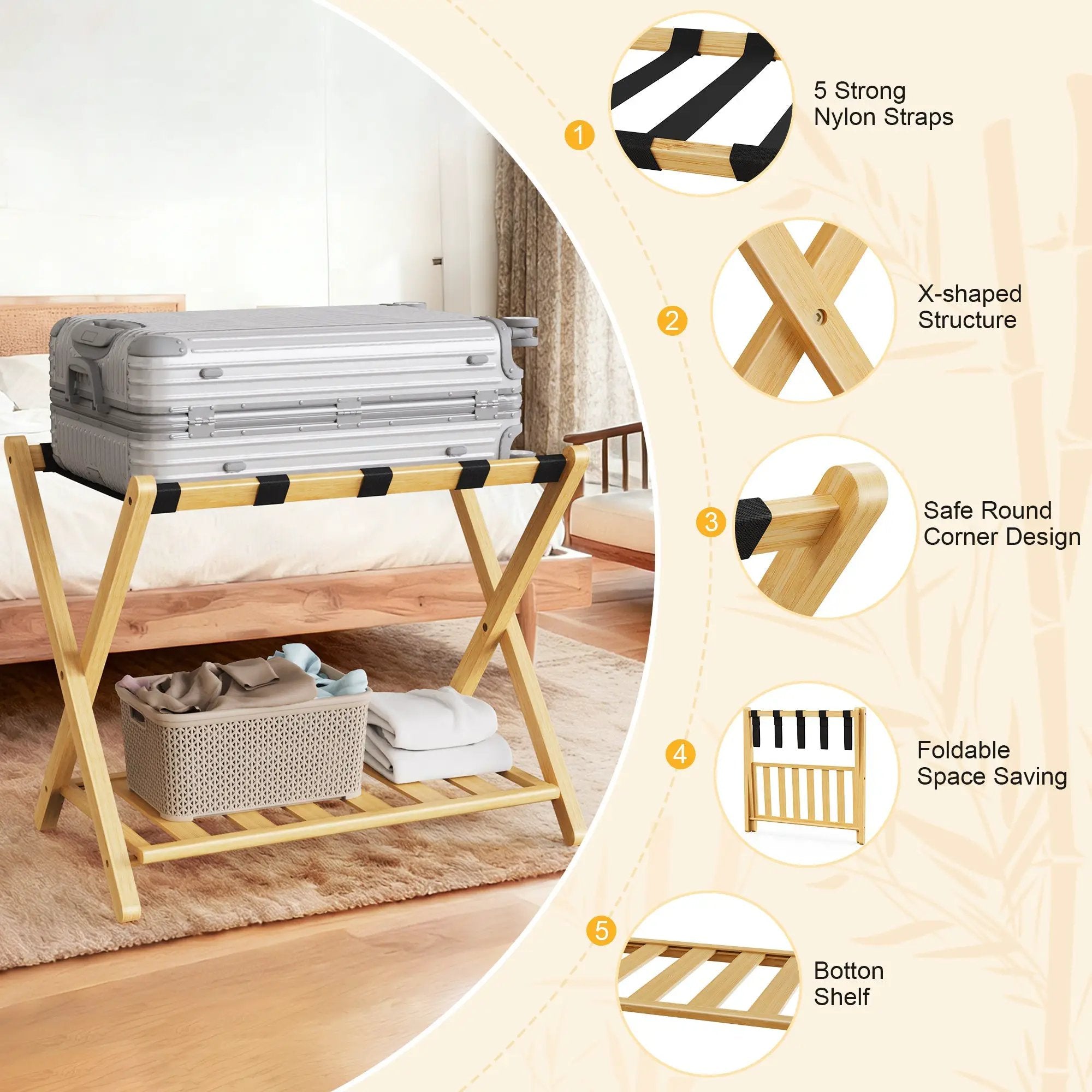 Folding Bamboo Luggage Rack with Lower Storage Shelf by HouseOfZazla