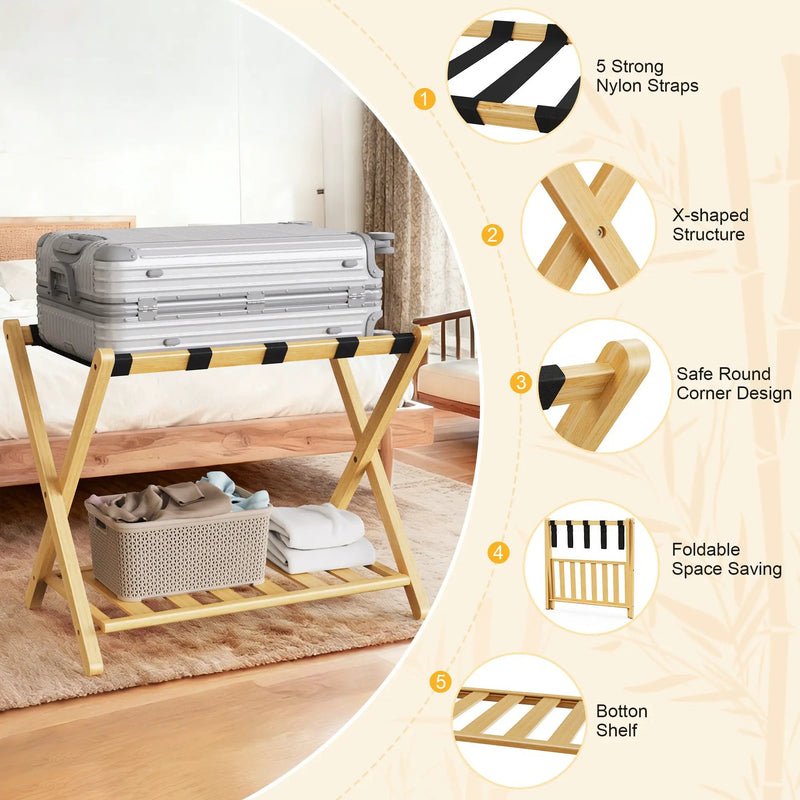 Folding Bamboo Luggage Rack with Lower Storage Shelf by HouseOfZazla