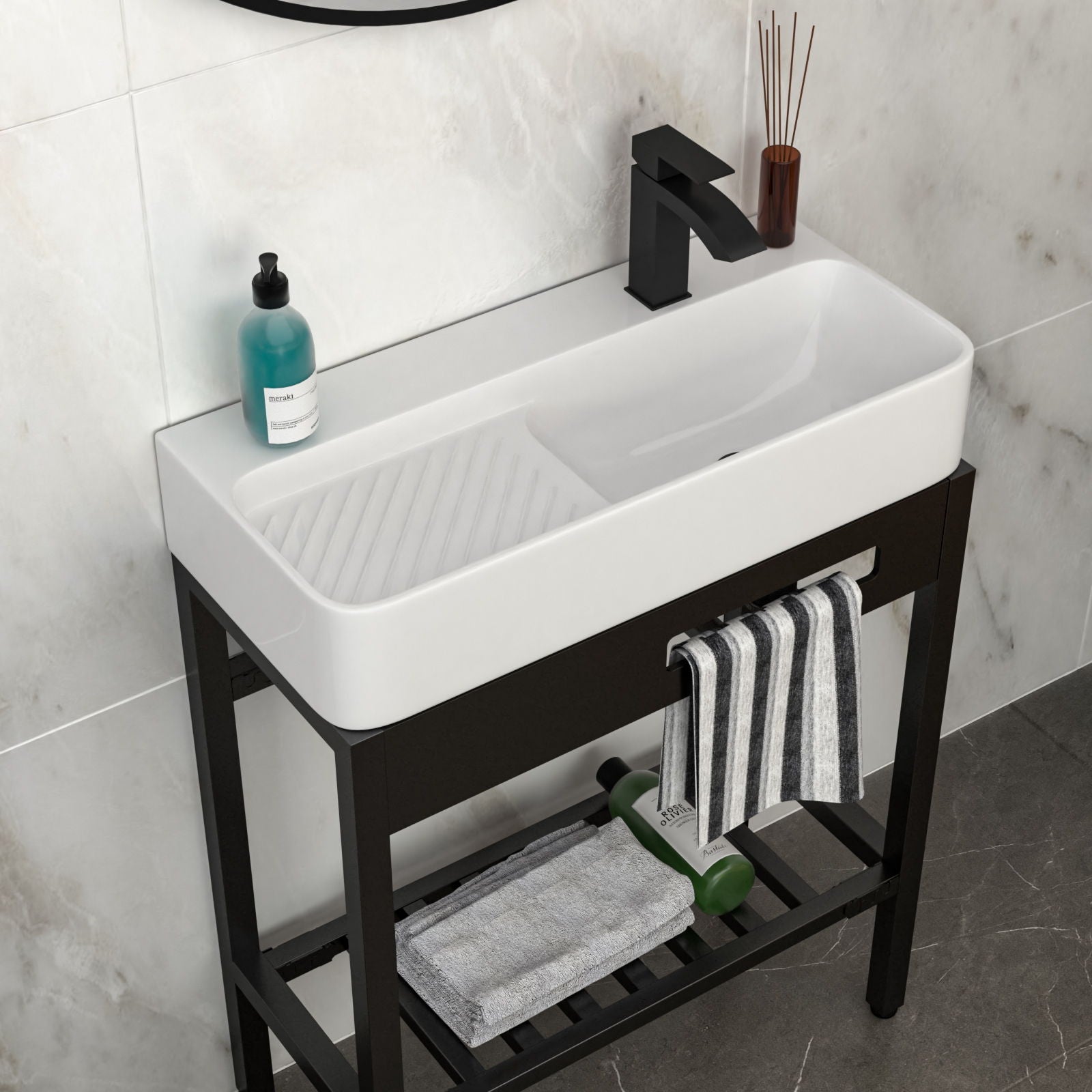 Inspired Console Sink With Built In Washboard, Overflow & Sleek Legs, 28" X 12" - White / Black by HouseOfZazla