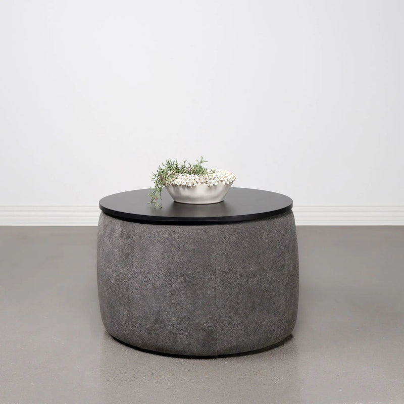 Reeves - Round Upholstered Lift Top Storage Ottoman - Gray by HouseOfZazla