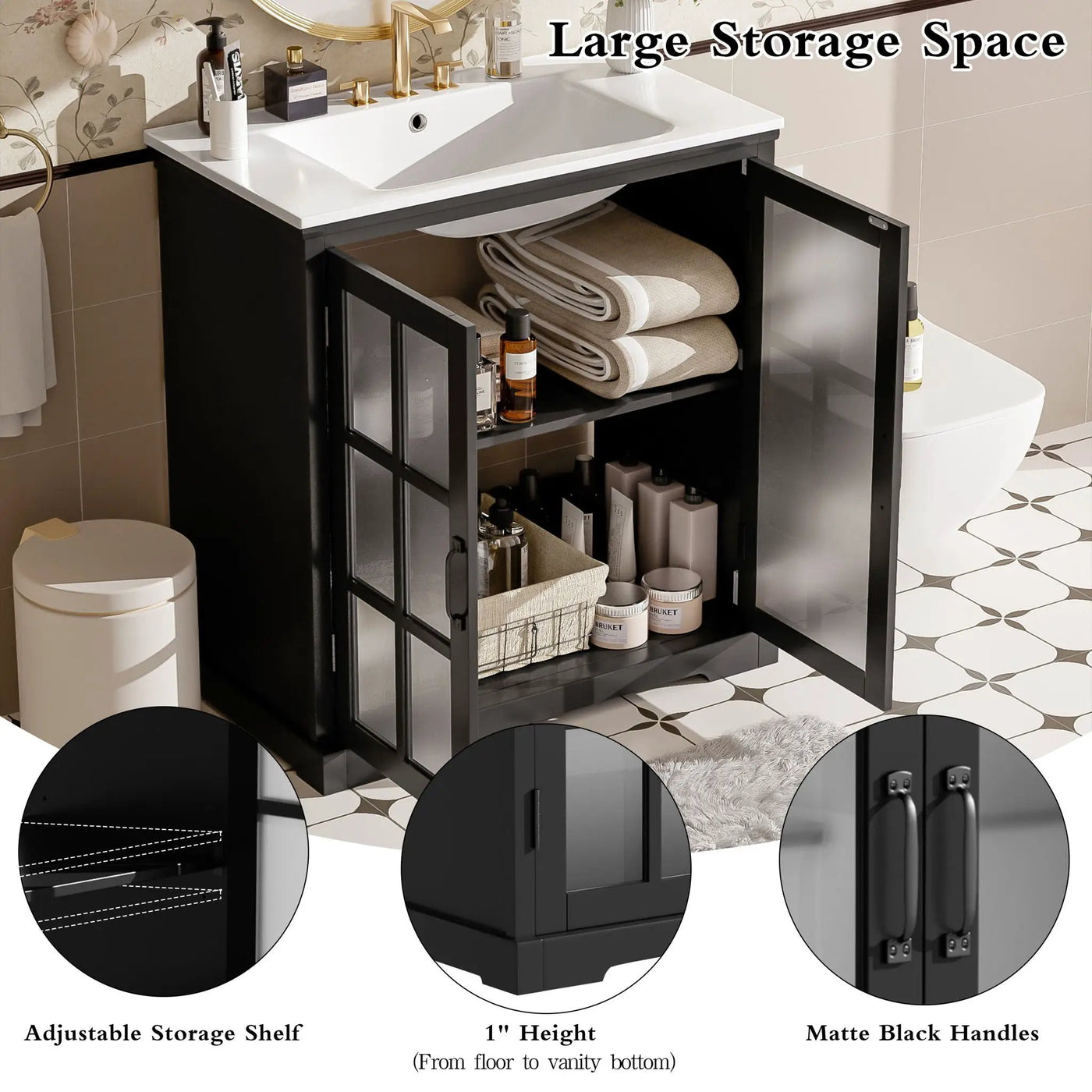 Modern Bathroom Vanity With Ceramic Sink, Tempered Blurred Glass Doors by HouseOfZazla