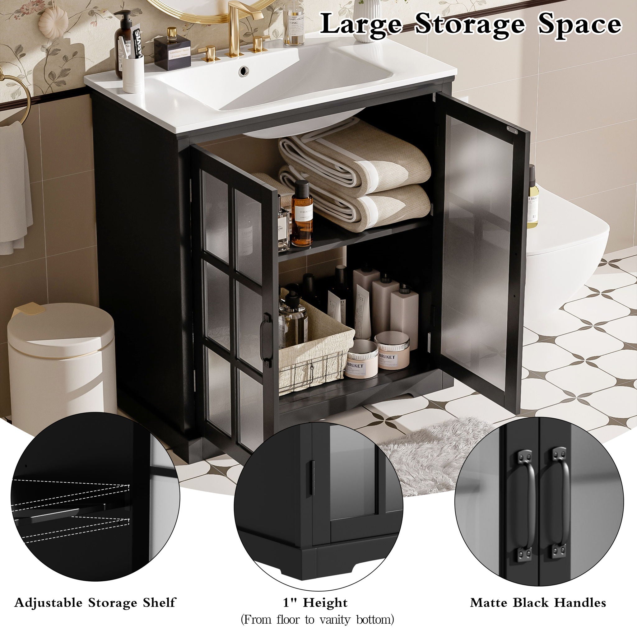 Modern Bathroom Vanity With Ceramic Sink, Tempered Blurred Glass Doors by HouseOfZazla