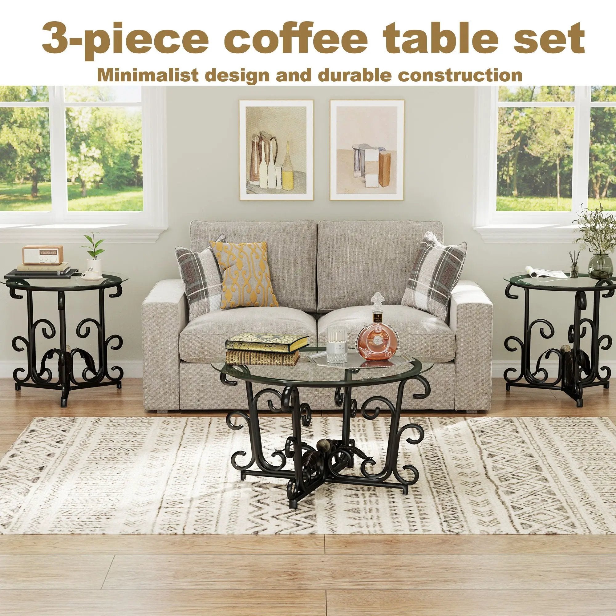 3 Piece Coffee Table Set With Tempered Glass Surface - Black by Unique Piece Furniture