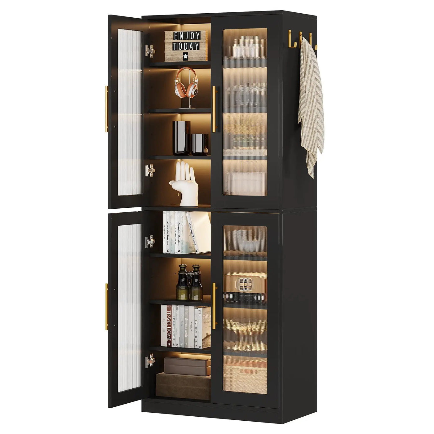 Bookcase With Doors And LED Lighting, 8 Adjustable Shelves Storage Cabinet by HouseOfZazla