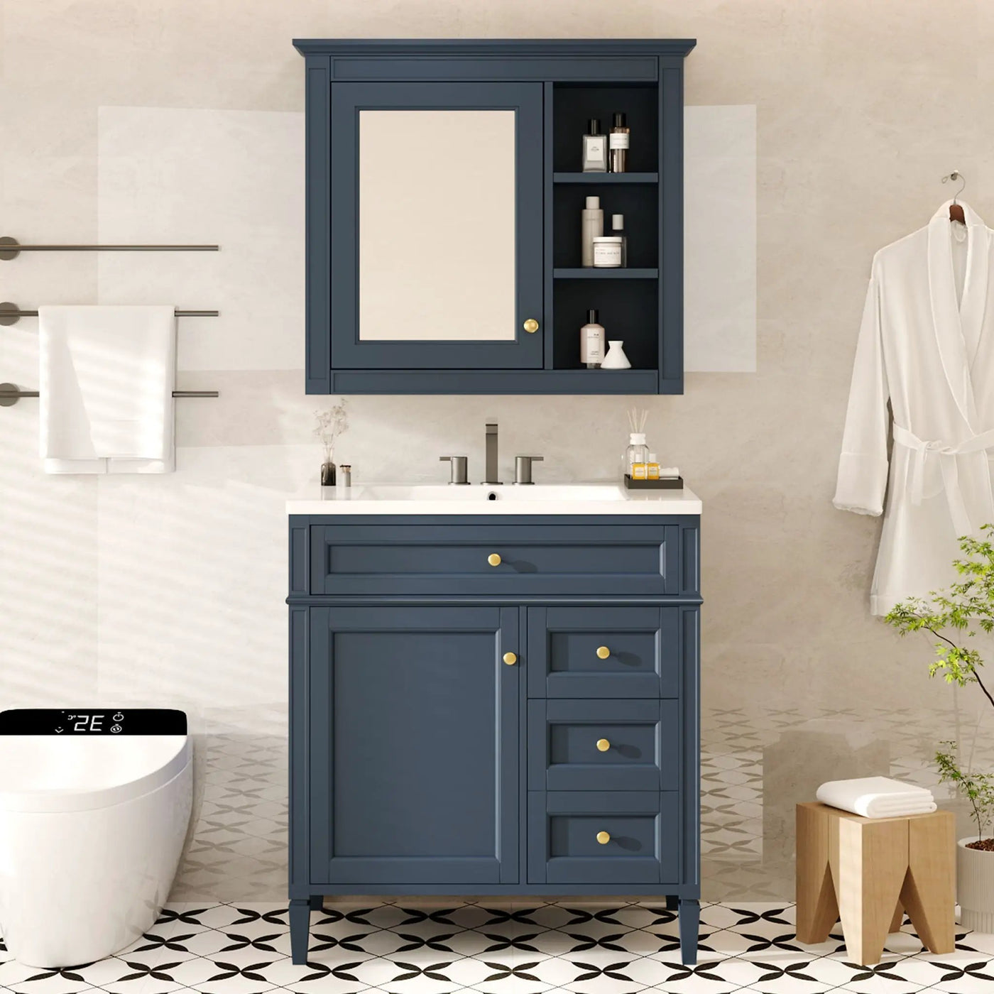 Bathroom Vanity With Top Sink, 2 Doors And 3 Drawers, Freestanding Set With Mirror Cabinet by HouseOfZazla